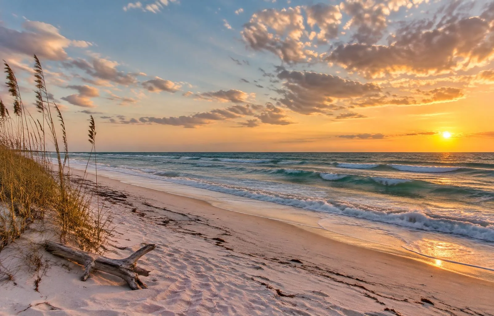 Gulf Coast beach at golden hour with gentle surf