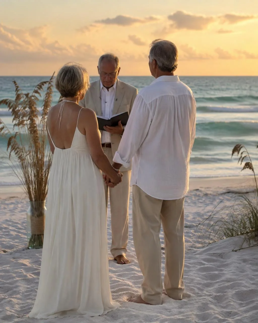 A couple renewing their vows with a minister on a Gulf Coast beach at sunset
